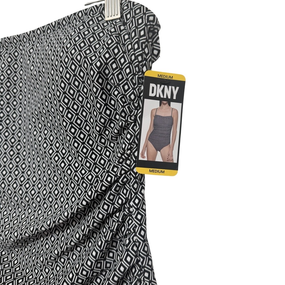 NWT DKNY Strapless Shirred One-Piece Swimsuit, Black White Geo, Sz M, MSRP $118 - Picture 10 of 10